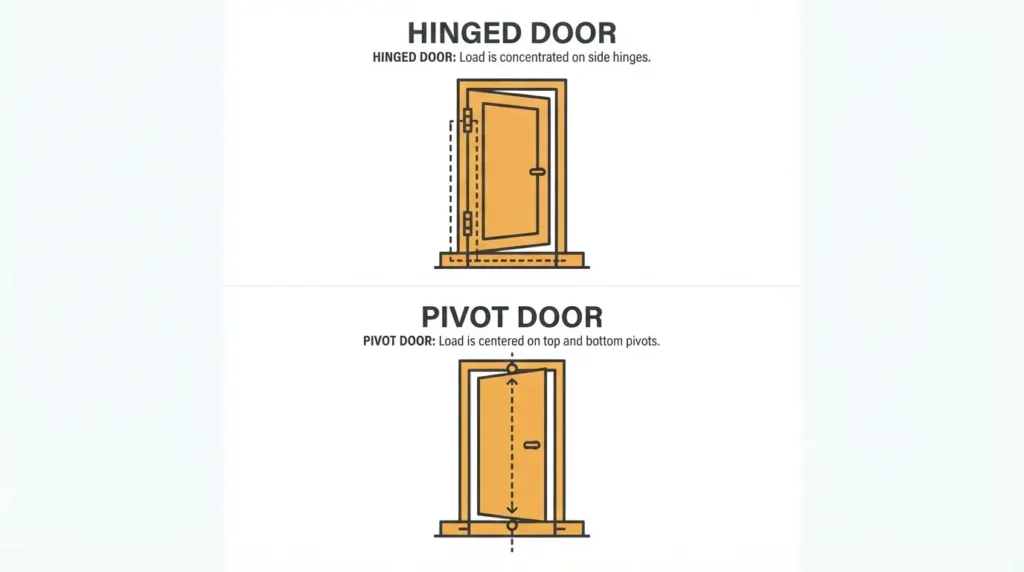 Diagram comparing weight transfer in a hinged door and a pivot door
