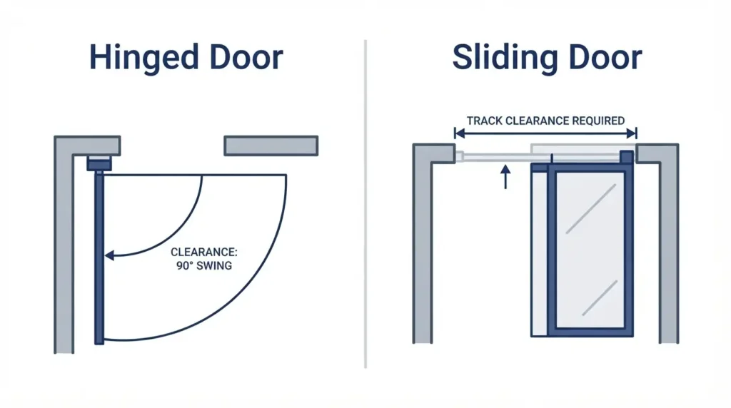 Visual comparison of a hinged door and a sliding door opening
