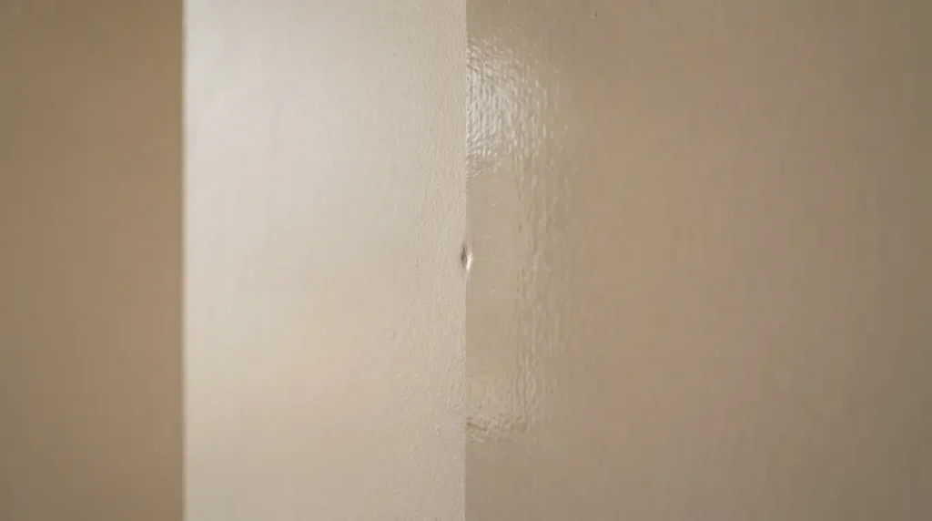 Side-by-side wall patch where satin hides a dent and semi-gloss reveals it