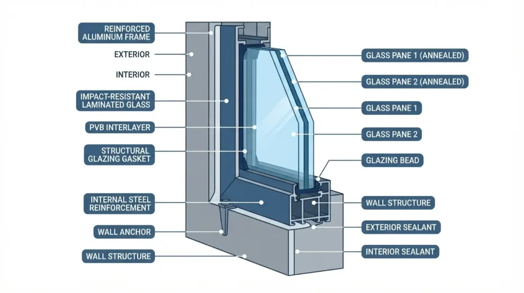  Diagram showing laminated glass layers and PVB interlayer in hurricane impact windows
