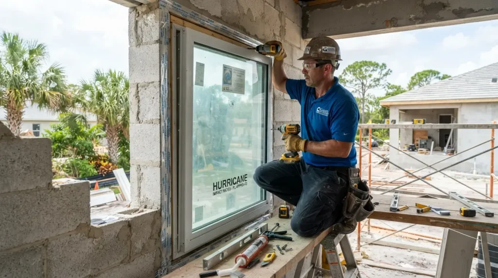 Technician installing hurricane impact window in home during renovation
