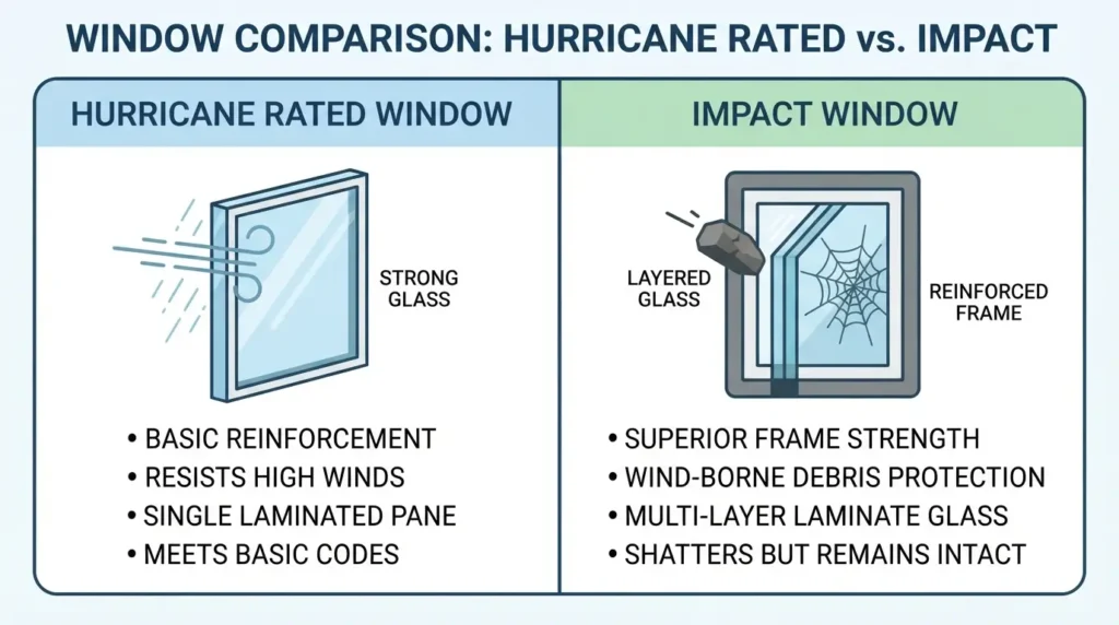 Side by side comparison graphic of hurricane windows and impact windows
