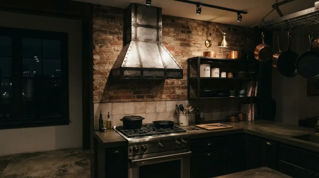 Industrial kitchen with a riveted stainless steel chimney range hood
