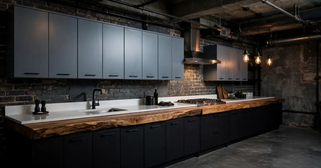 Industrial steel blue upper cabinets with dark lower cabinets
