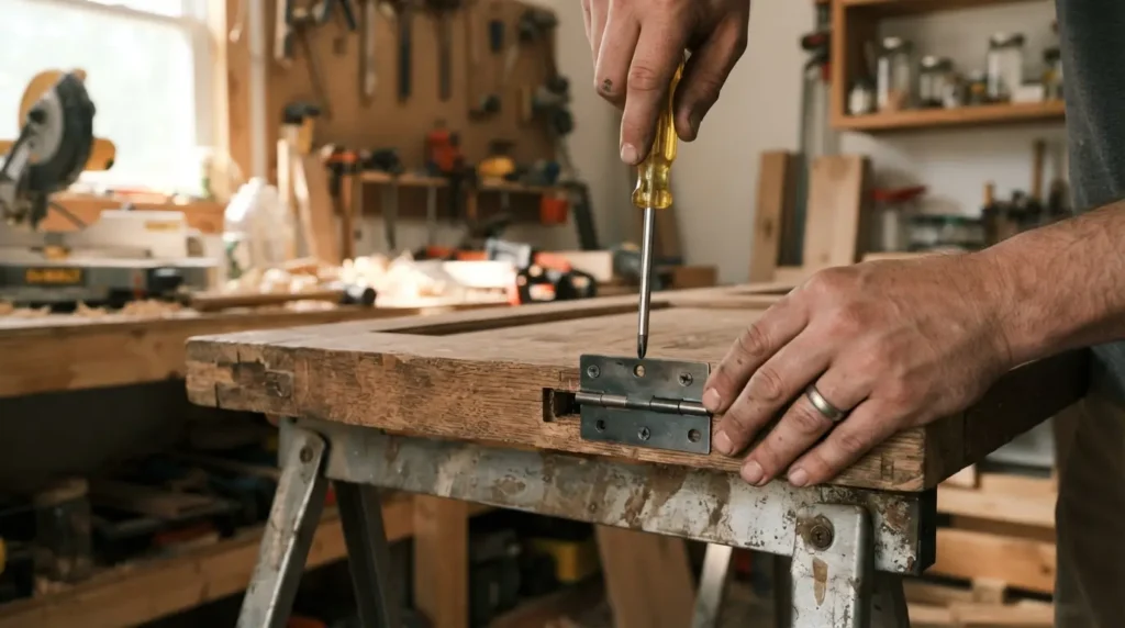 Hands installing a hinge on a wooden door with a screwdriver
