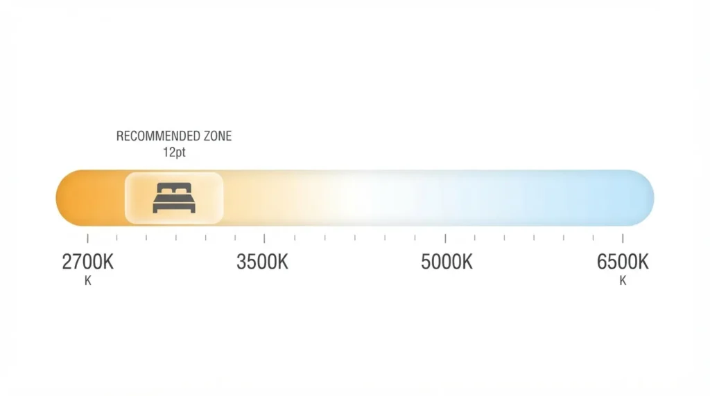 A horizontal light color gradient bar labeled from 2700K warm amber to 6500K cool blue white, with a bedroom icon marking the recommended range

