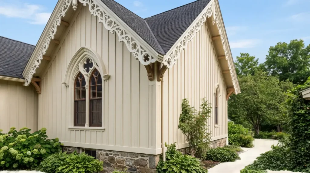 Diagram labeling Gothic house features: pointed arch, steep roof, board and batten siding, bargeboard trim