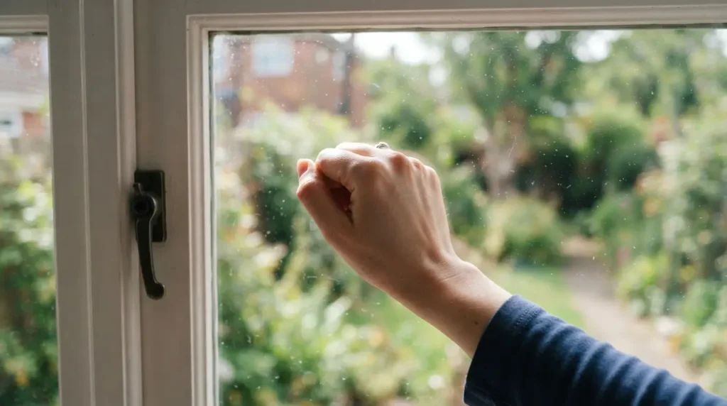 Person knocking on window glass to test if it is a hurricane impact window
