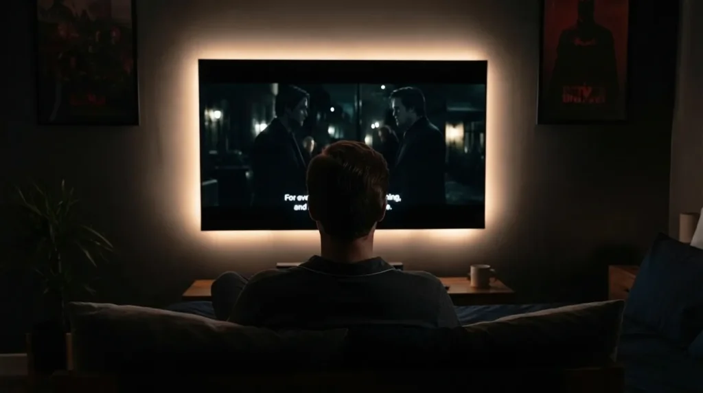 A wall-mounted bedroom TV with a thin LED strip glowing behind it, softening the contrast against the dark wall during nighttime viewing
