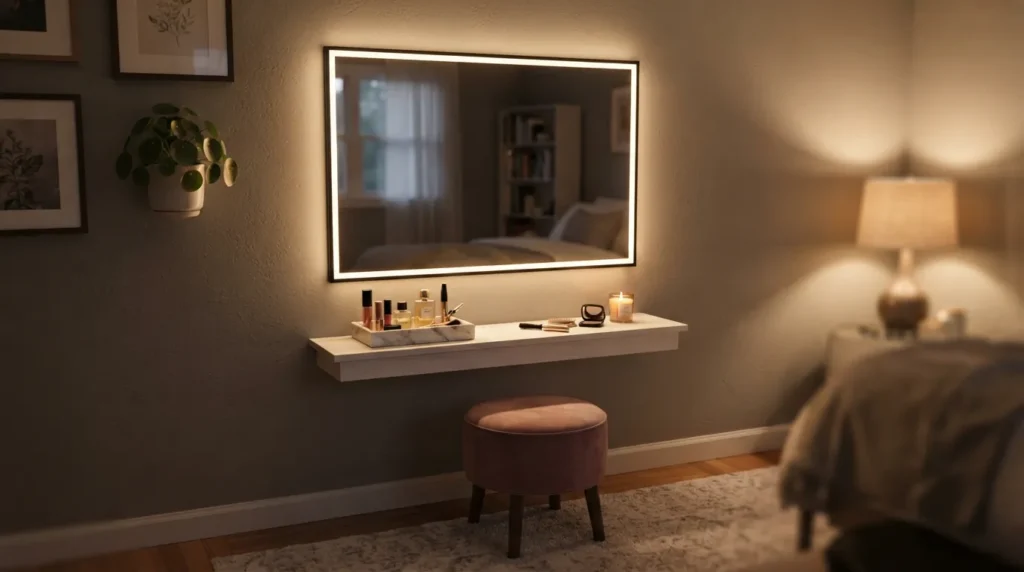 A bedroom vanity mirror outlined with a thin warm LED strip, casting even flattering light across the reflective surface
