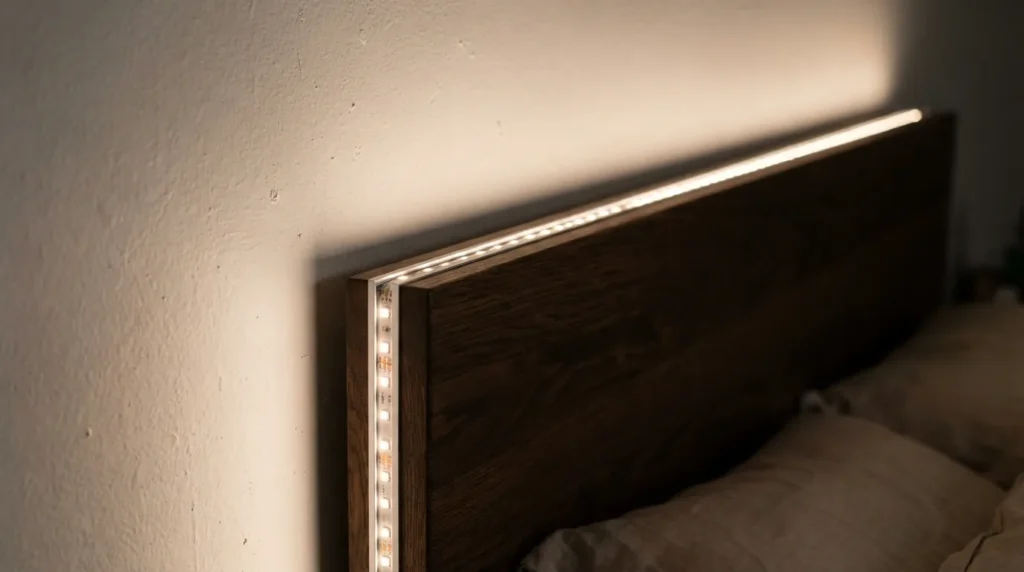 A close view of an LED strip light mounted along the top back edge of a wooden headboard, light bouncing softly off the wall behind it
