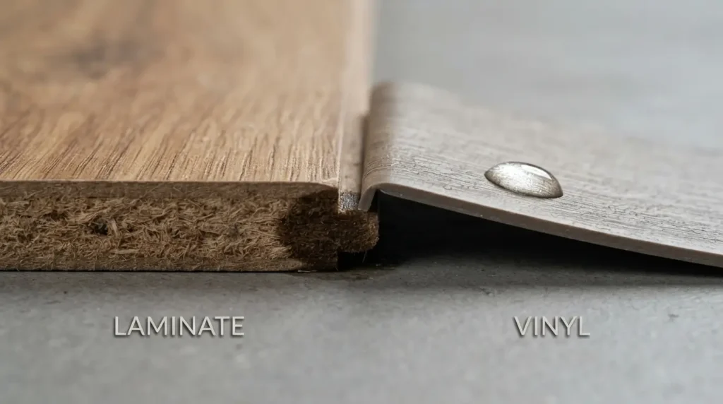 Laminate vs vinyl flooring edges compared up close showing thickness and flexibility
