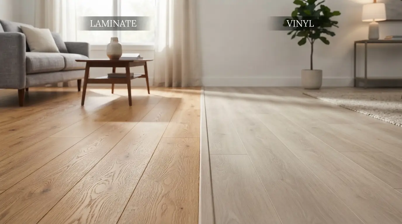 Laminate and vinyl plank flooring shown side by side in a modern home