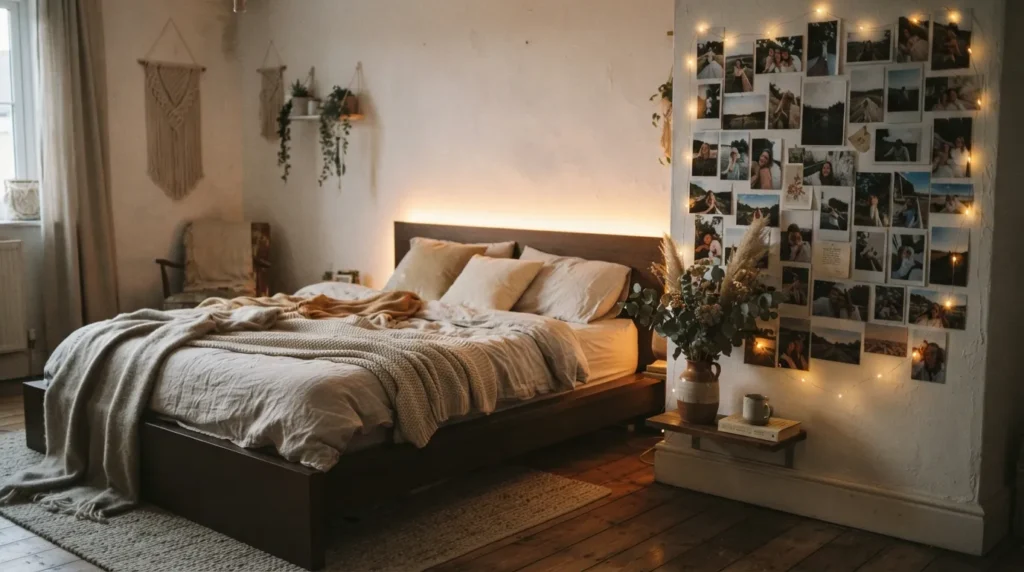 A cozy bedroom with warm LED strip light behind the headboard and fairy lights around a nearby photo wall, both glowing in matching amber tones
