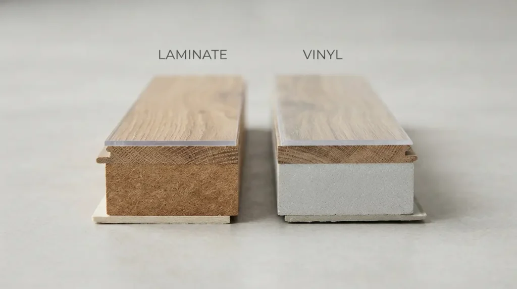 Laminate vs vinyl flooring layers shown in a cross-section comparison
