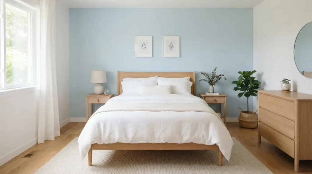 Neutral bedroom with a single light blue accent wall behind the bed