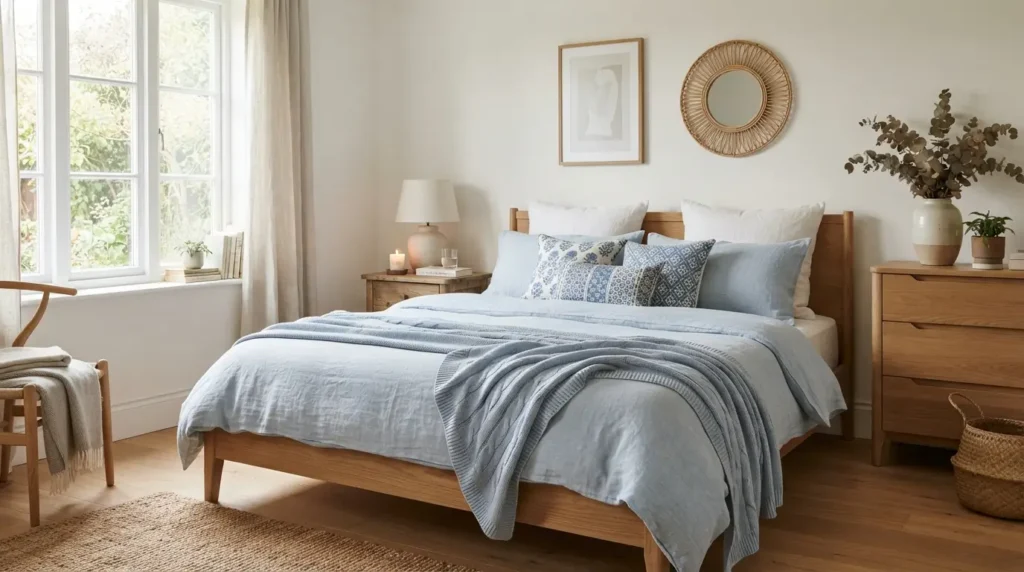 Light blue bedding set styled on a bed in a neutral white walled bedroom