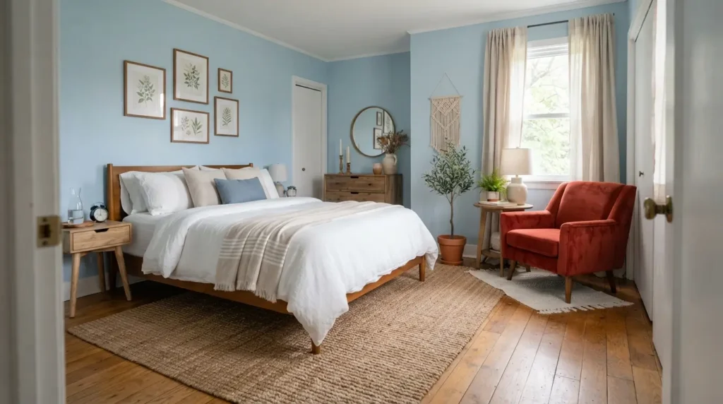 Light blue bedroom with one bold red accent chair