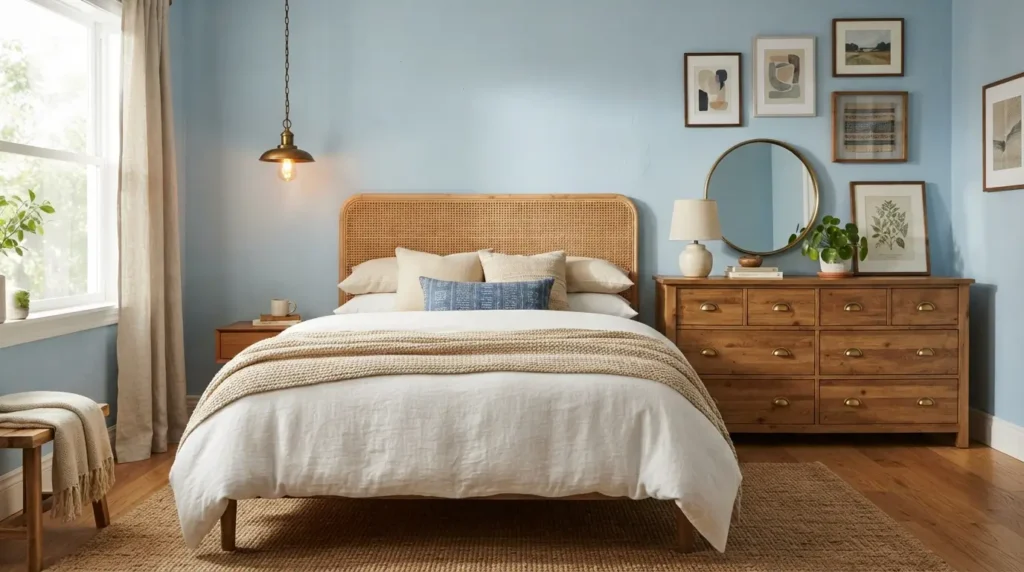 Light blue bedroom styled with brass lighting and rattan furniture accents
