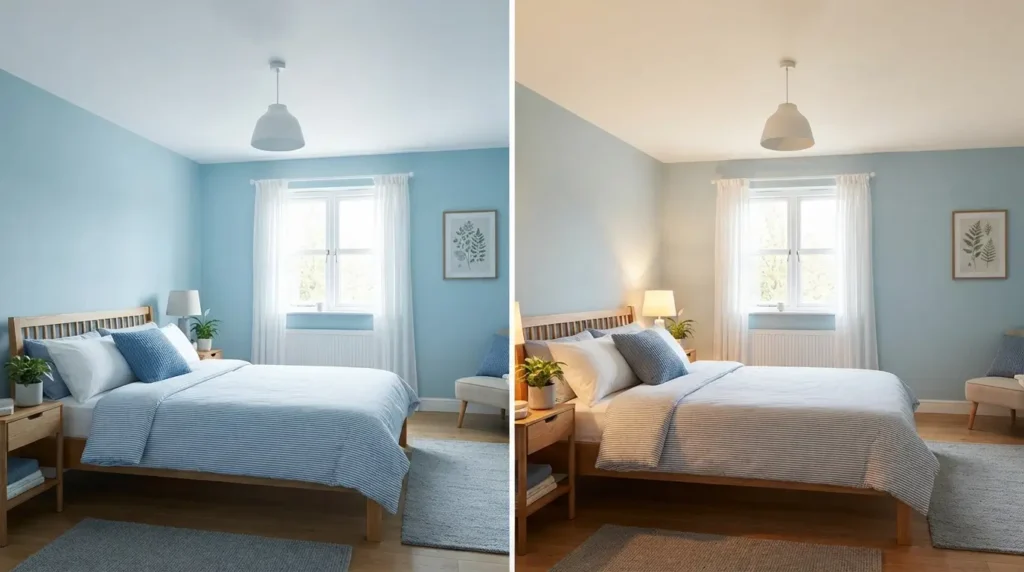 Comparison of a light blue bedroom with bright white ceiling versus warm white ceiling