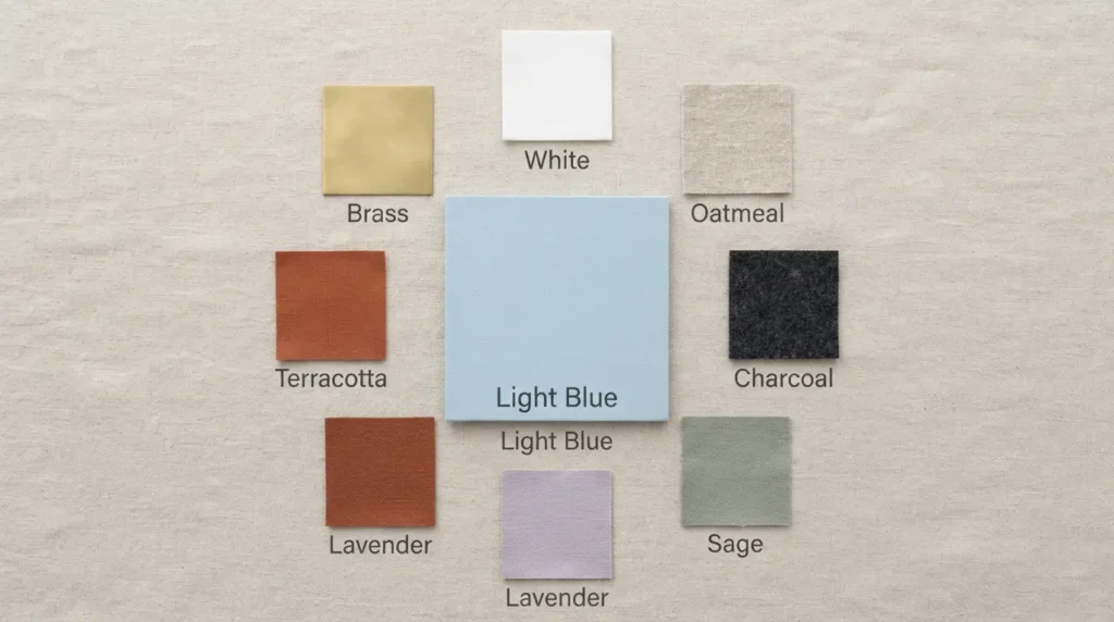 Color pairing chart showing light blue alongside white, sage, lavender, and terracotta