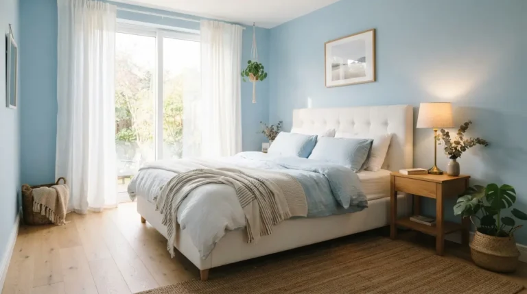Light blue bedroom with white bedding, wood nightstand, and soft natural light