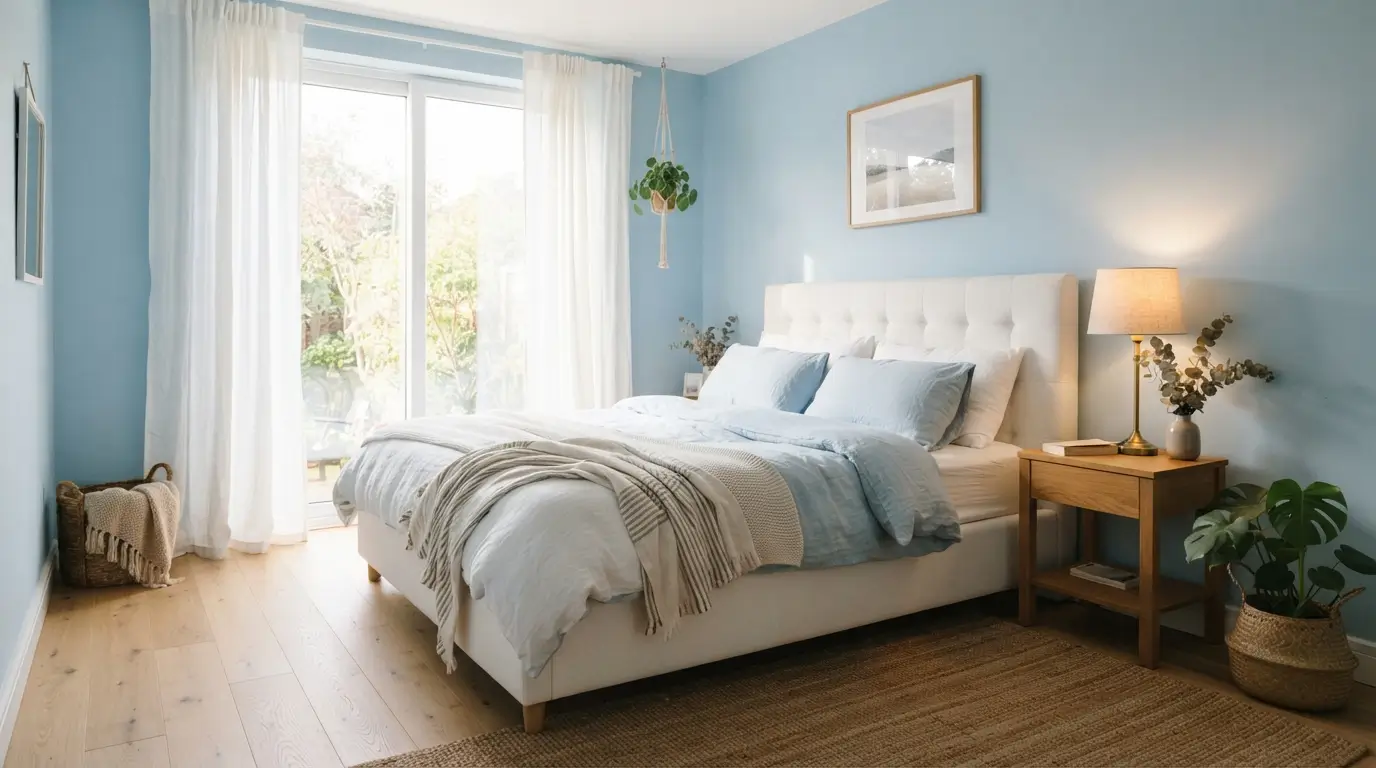 Light blue bedroom with white bedding, wood nightstand, and soft natural light