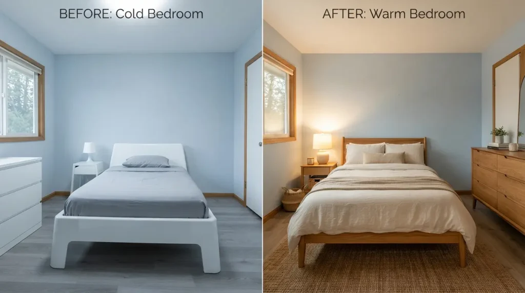 Side by side comparison of a cold flat light blue bedroom and a warm balanced light blue bedroom