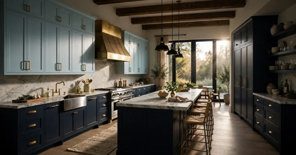 Light blue upper cabinets paired with dark navy lower cabinets
