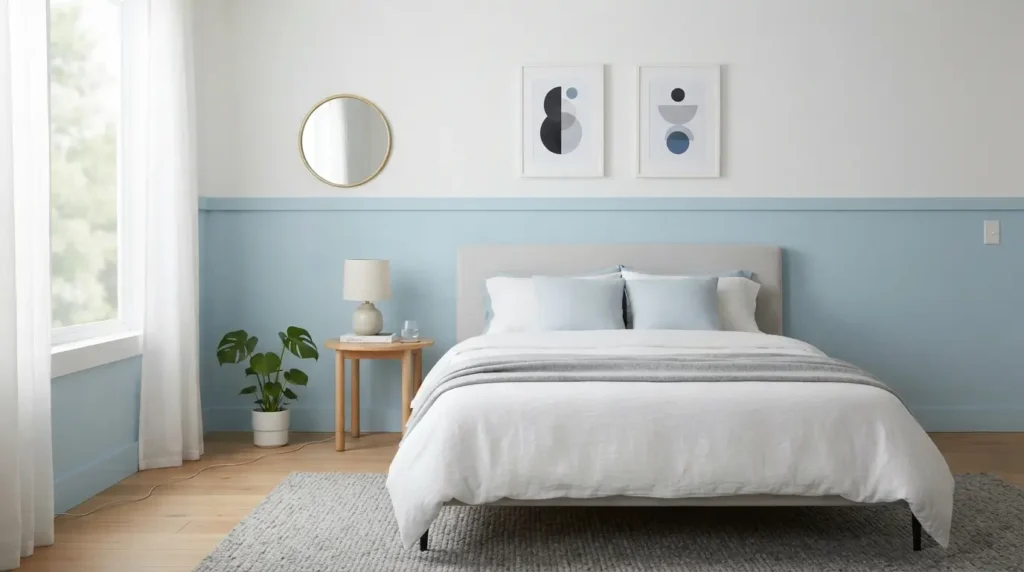 Bedroom wall with a painted light blue and white color block trim line
