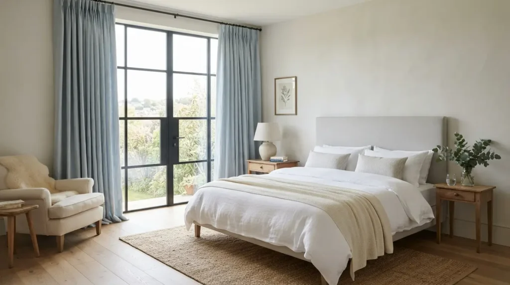 Floor length light blue curtains framing a bedroom window