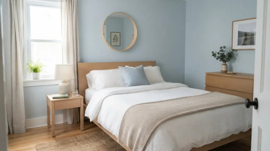 Simple light blue guest bedroom with neutral bedding