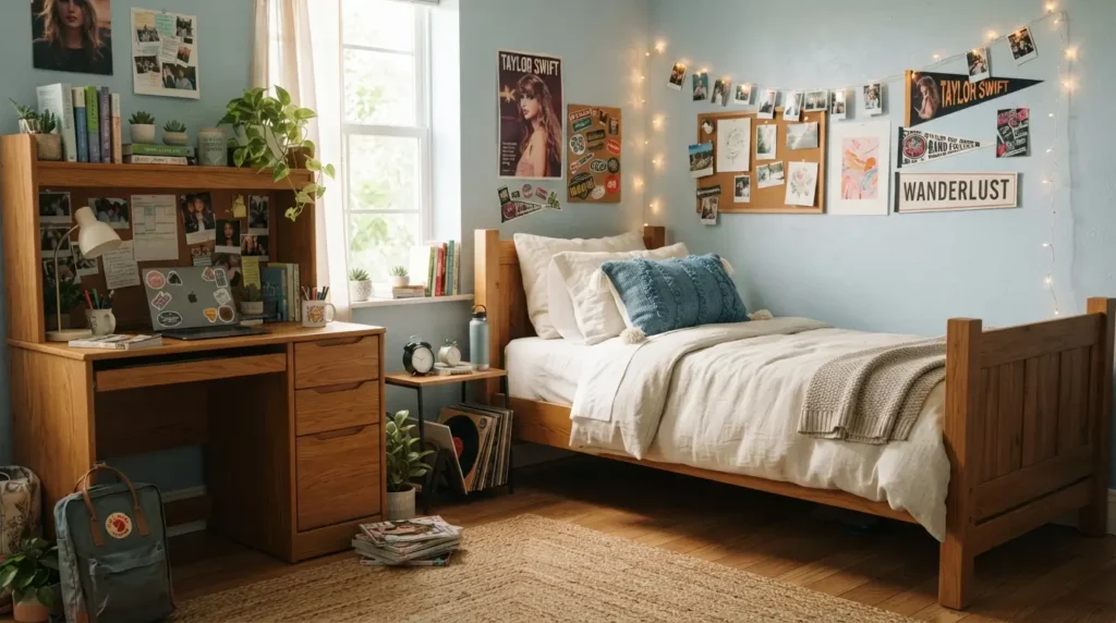 Light blue teen bedroom with warm wood accents and cozy styling