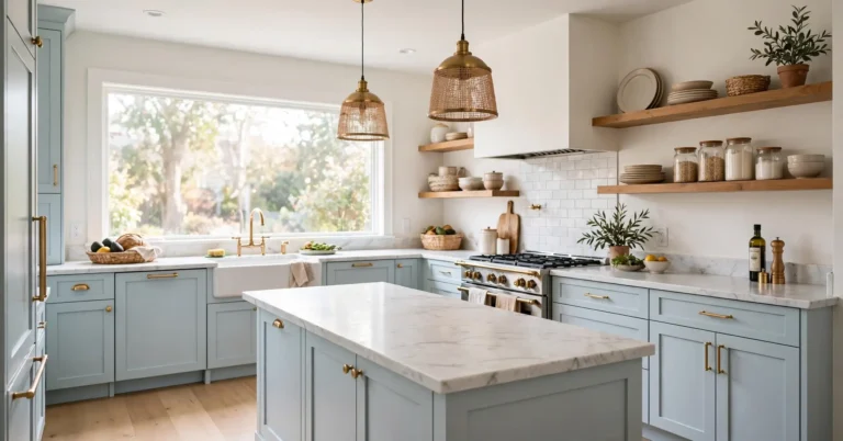 Bright kitchen with light blue kitchen cabinets and white marble countertops