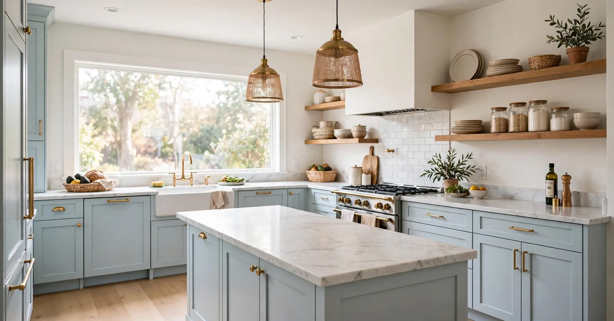 Bright kitchen with light blue kitchen cabinets and white marble countertops