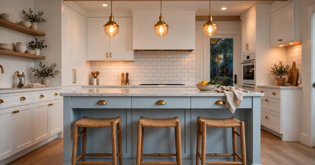 Light blue kitchen island accent with neutral surrounding cabinets