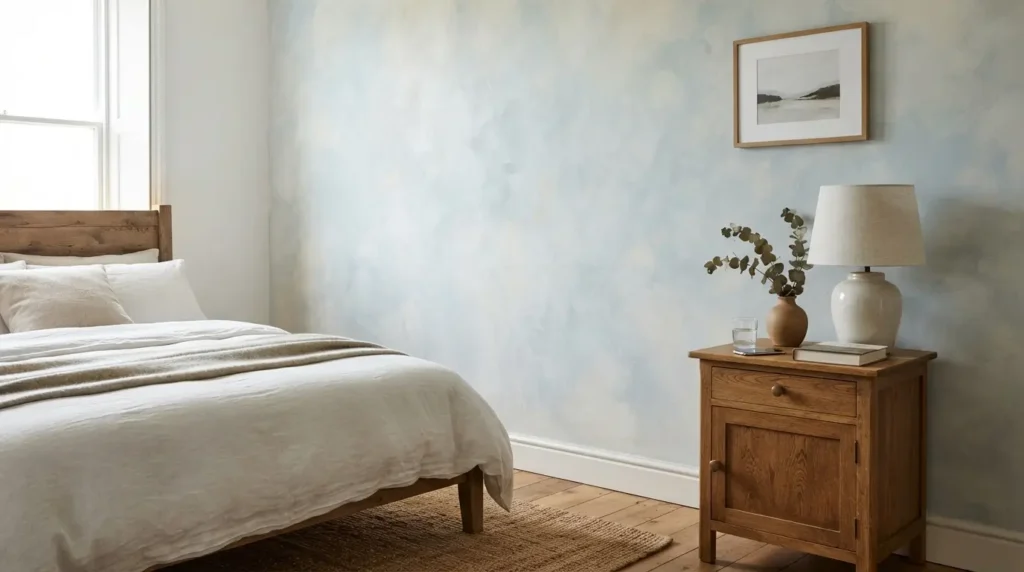 Textured light blue limewash paint finish on a bedroom wall