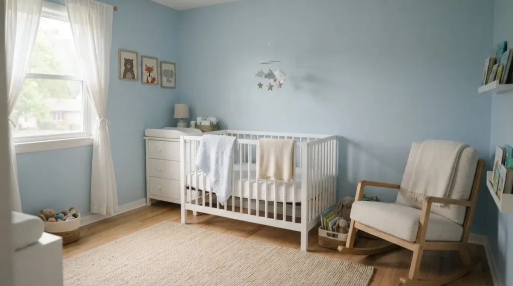 Light blue nursery room with white crib and soft furnishings