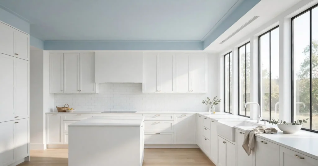  White kitchen with light blue painted ceiling accent
