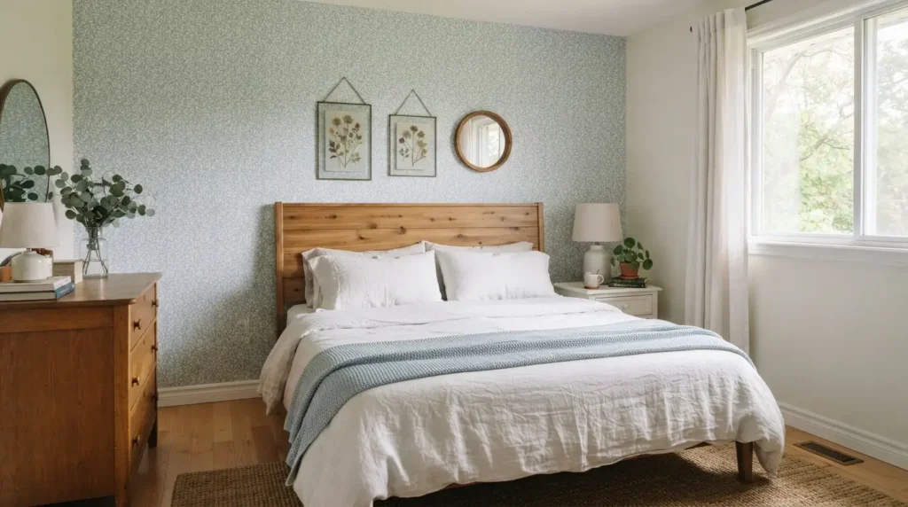 Bedroom with light blue and white patterned wallpaper accent wall