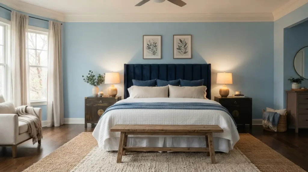 Large primary bedroom with deep light blue statement headboard