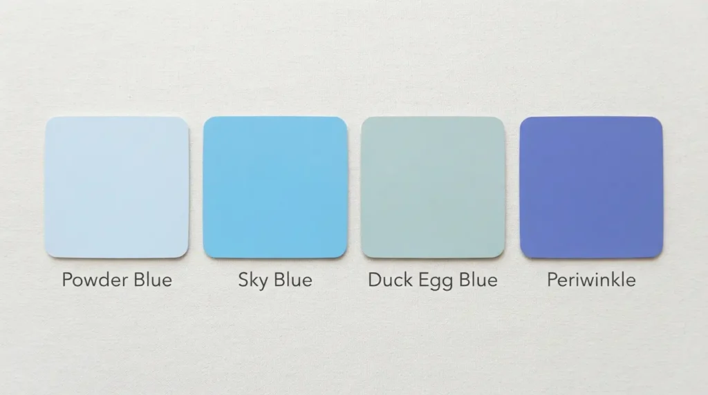 Comparison chart of powder blue, sky blue, duck egg blue, and periwinkle paint shades