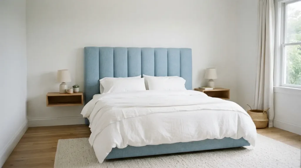 Light blue upholstered headboard as the focal point in a white bedroom
