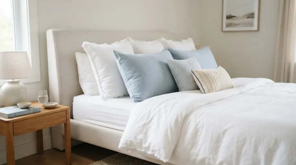 Neutral bed styled with light blue throw pillows
