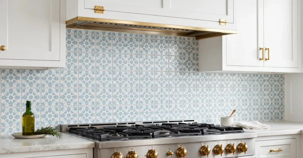 Light blue patterned tile backsplash in white kitchen
