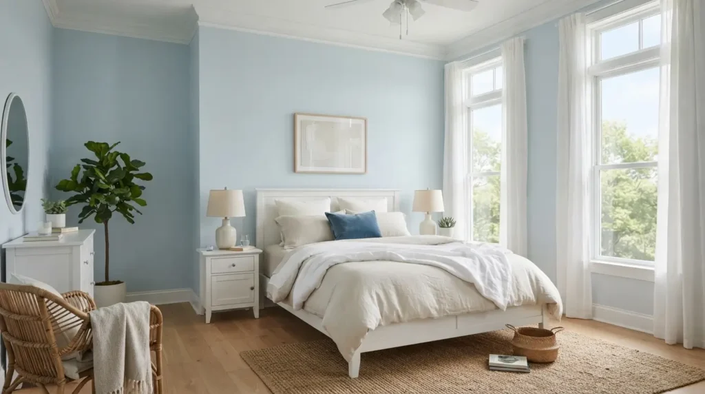 Light blue bedroom walls paired with a crisp white ceiling