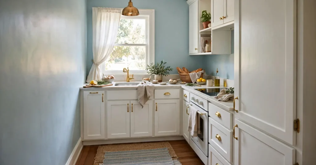 Light blue kitchen walls paired with white cabinets and wood floors
