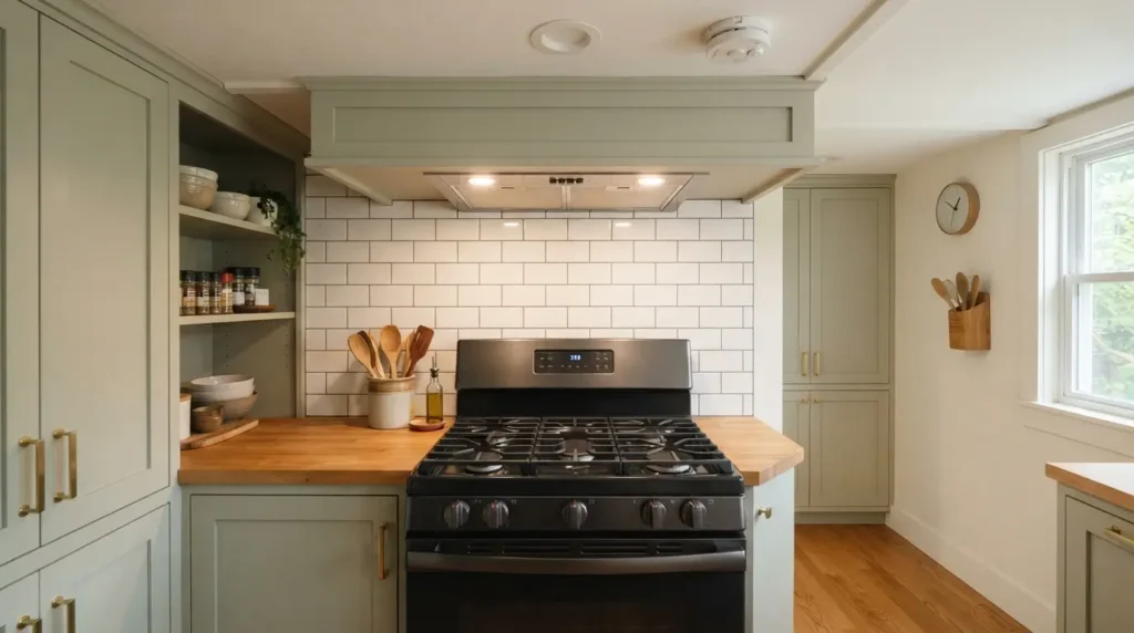Slim range hood insert designed for a kitchen with a low ceiling
