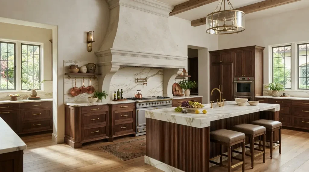 Custom luxury kitchen with a hand-applied plaster and cast stone range hood