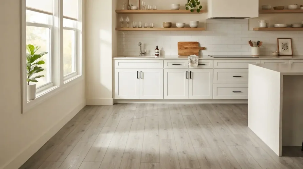 Light grey luxury vinyl plank flooring in a bright modern kitchen

